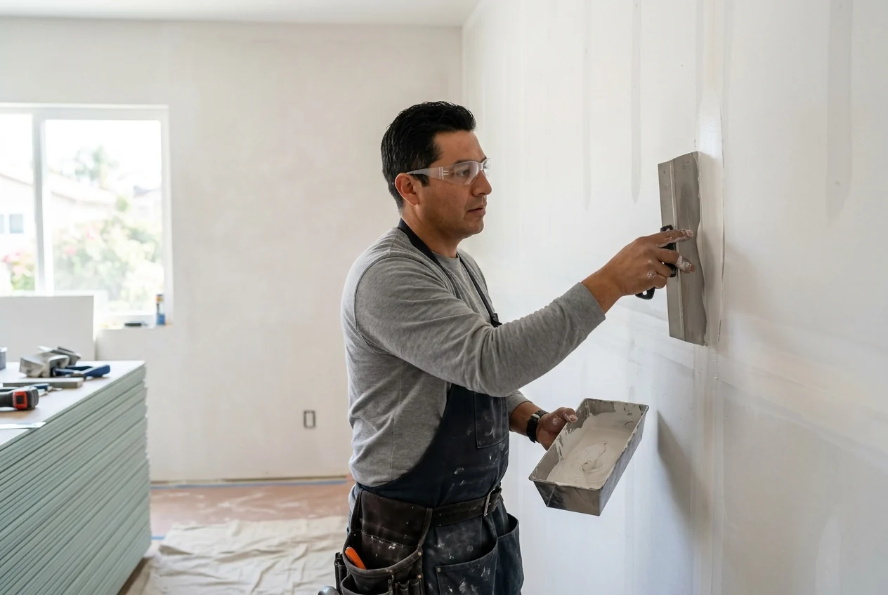 Custom-created scene of a drywall contractor finishing a wall seam