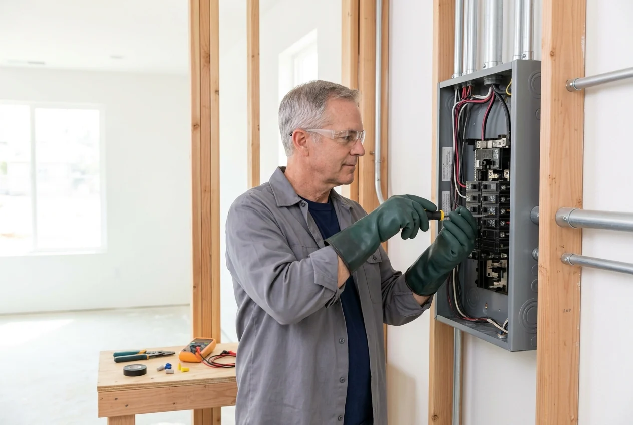 Custom-created scene of an electrician inspecting a de-energized electrical panel