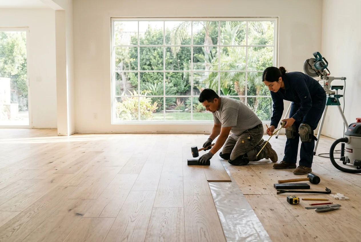 Custom-created scene of flooring installers fitting engineered wood planks