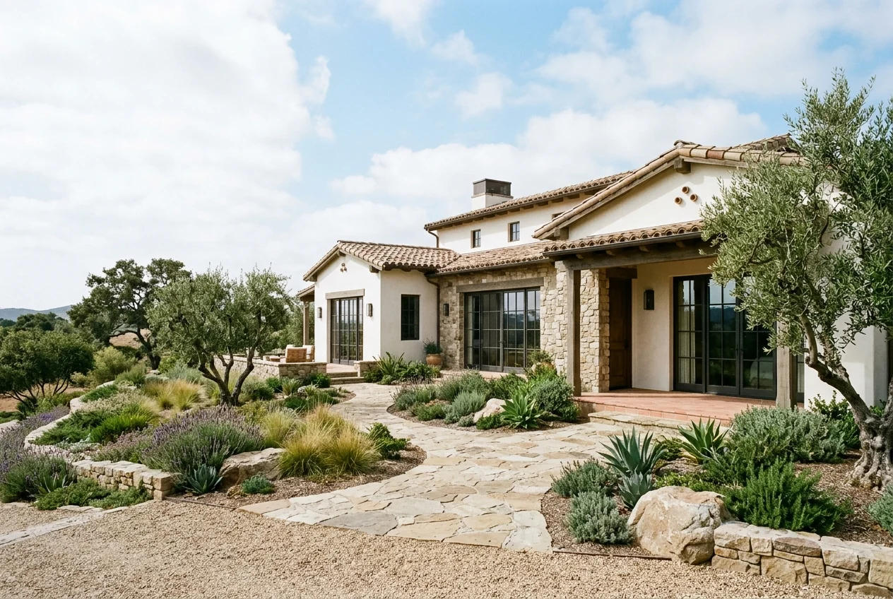 Custom-created illustration of a high-value Southern California estate and native landscaping