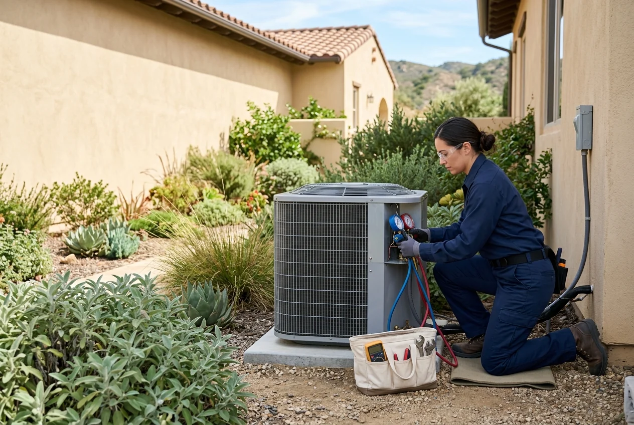 Custom-created scene of an HVAC technician servicing an outdoor heat pump