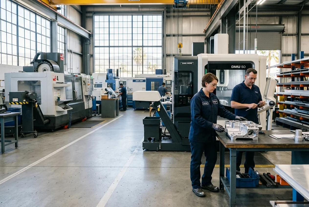 Custom-created scene of a supervisor and technician in a precision metal manufacturing facility