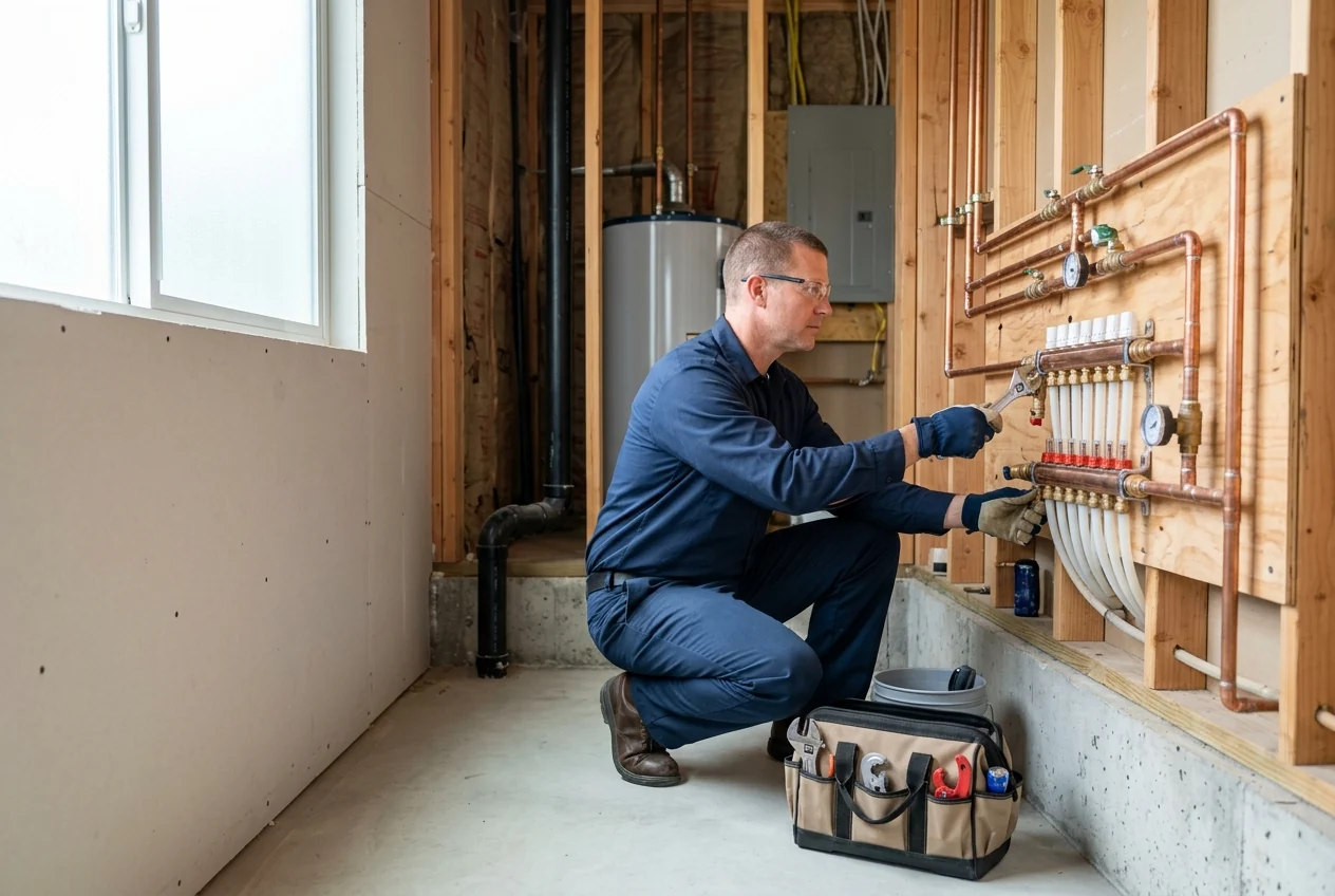 Custom-created scene of a plumber inspecting water lines in a utility room