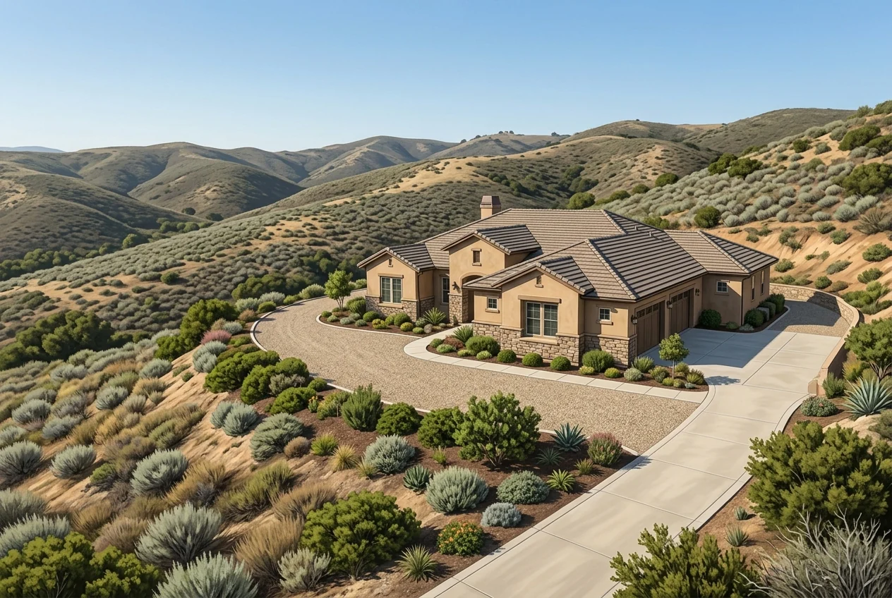 Custom-created illustrative hillside home with maintained landscaping and surrounding California chaparral