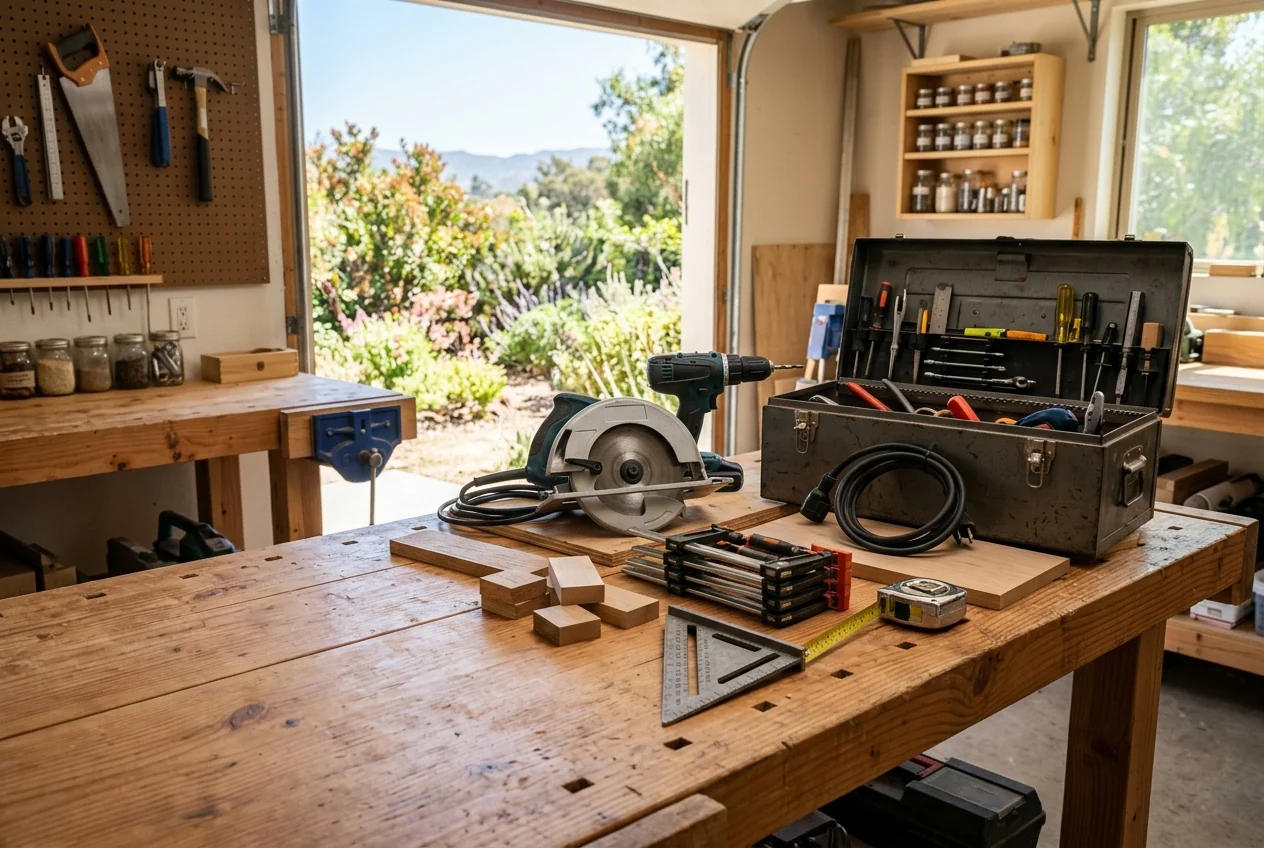 Custom-created scene of carpentry tools and a toolbox on an organized workshop bench