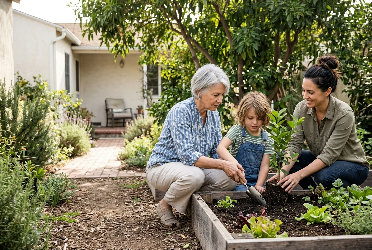 Custom-created scene of three generations tending a citrus tree in their garden