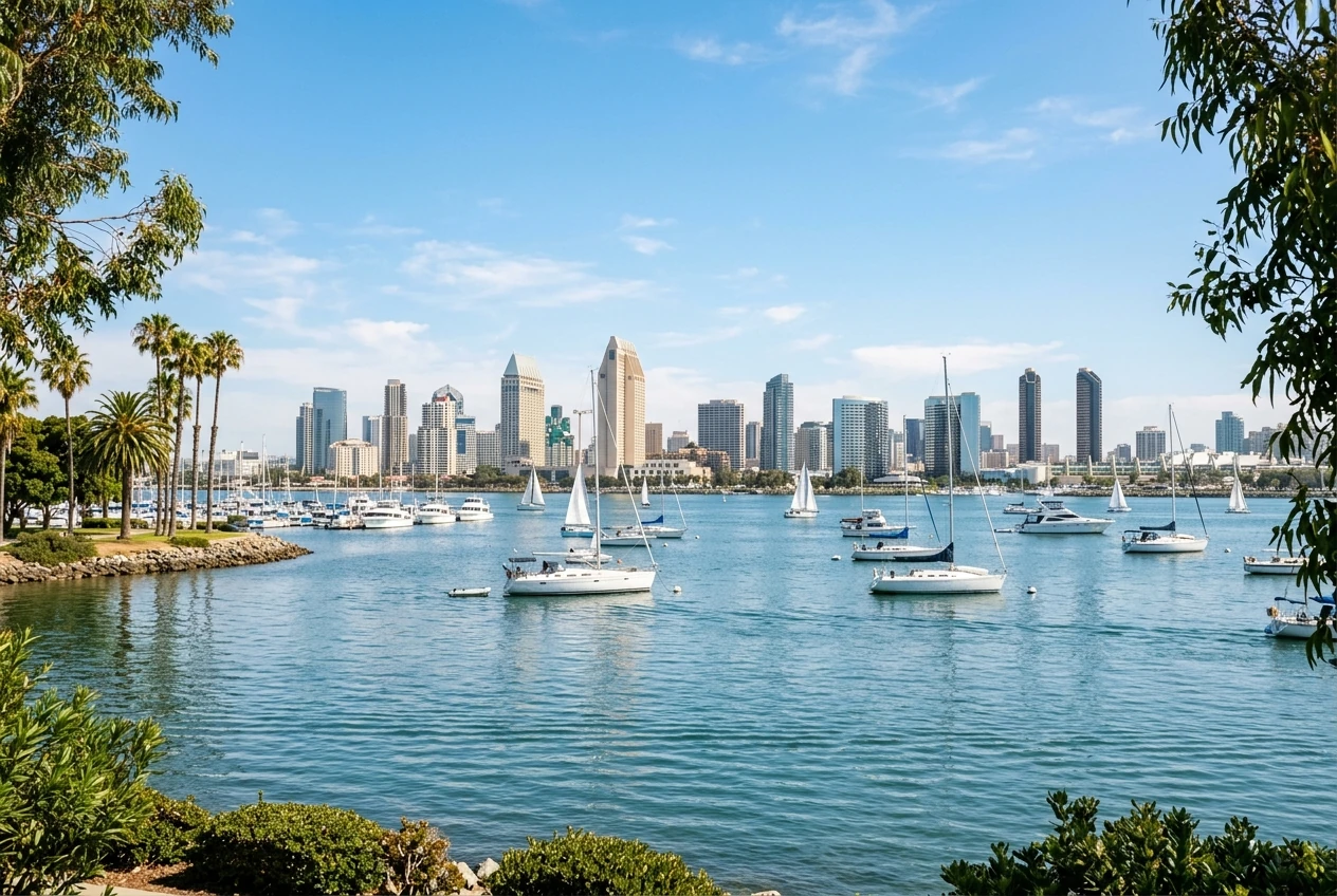 AI-generated San Diego waterfront scene with palms, sailboats and a downtown skyline